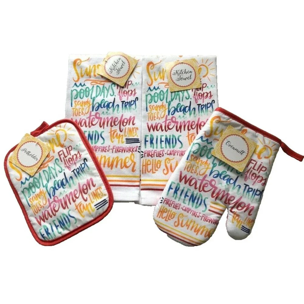 Summer Words Flip Flops Kitchen Dish Towels Oven Mitt Potholder Beach Set of 4